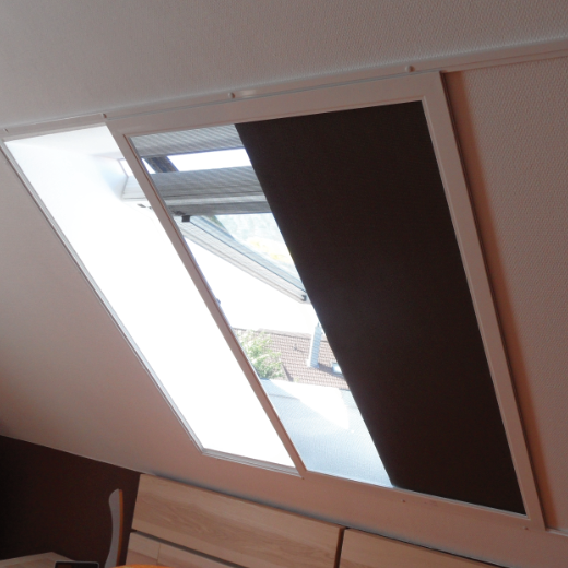 Petscreen in Schwarz mit Alurahmen an einem Dachfenster
